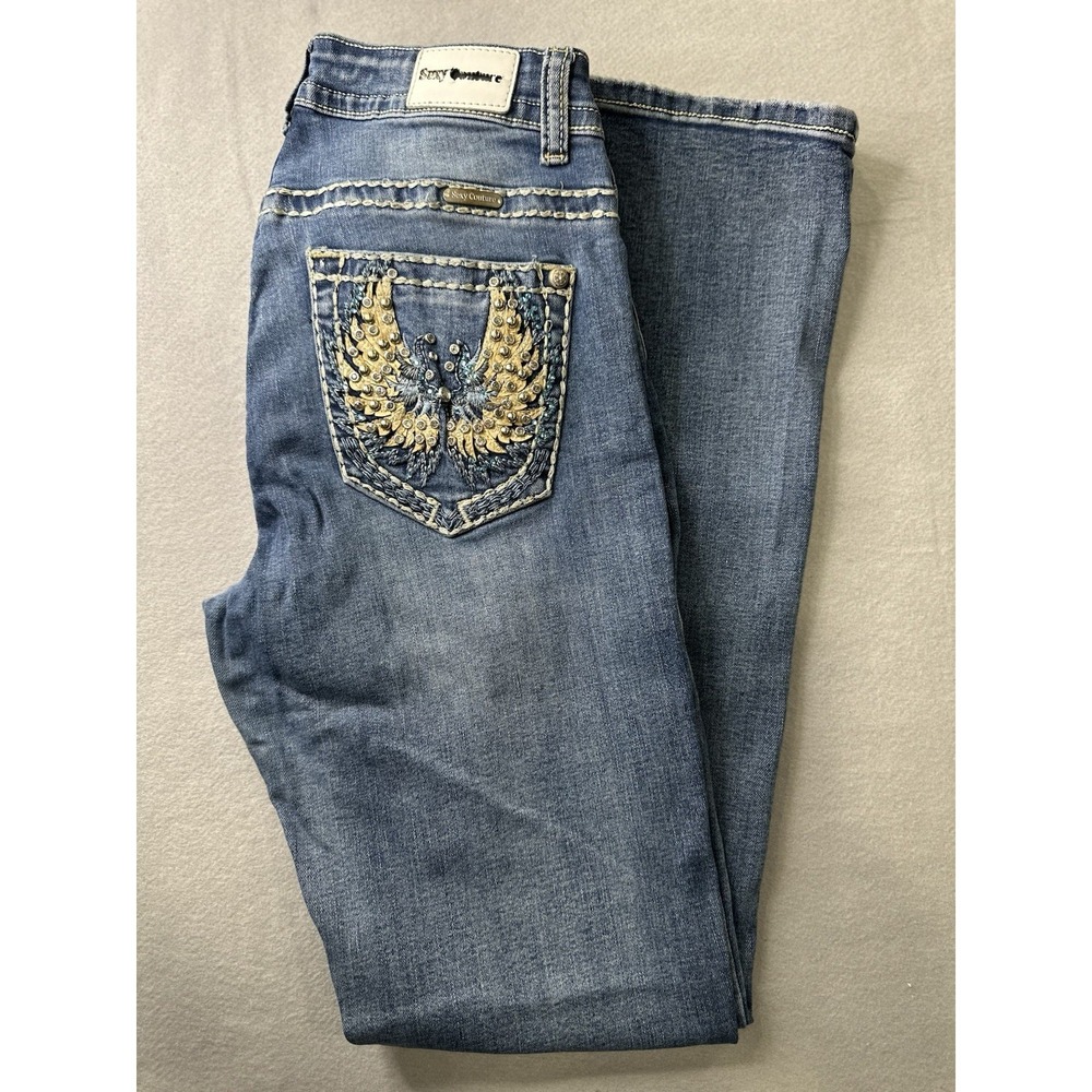 Sexy Couture Jeans Size 9 Low Rise Embellished Rhinestone Boot Cut Denim 26x31